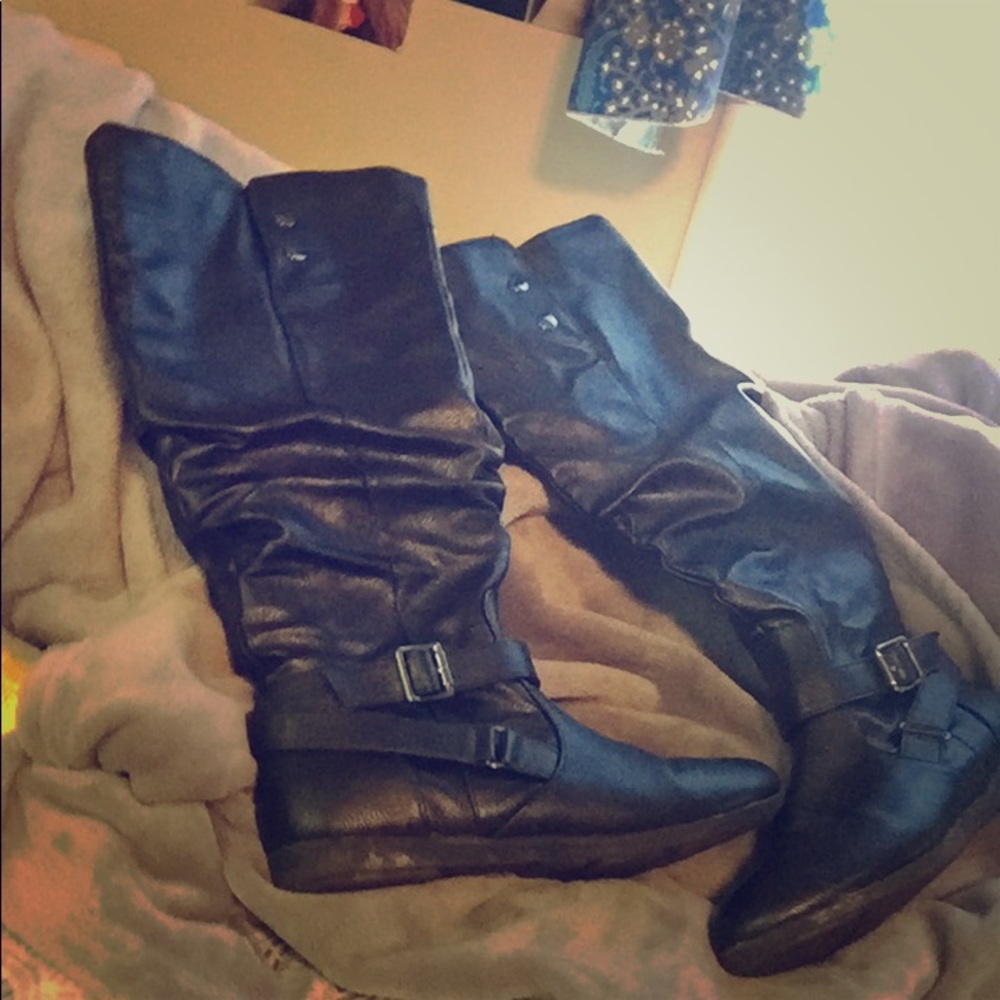 Black long leather material boots💗